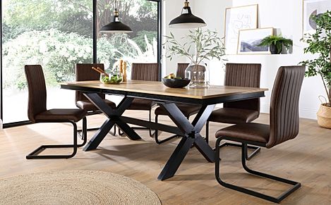 Grange Extending Dining Table & 4 Perth Chairs, Natural Oak Veneer & Black Solid Hardwood, Vintage Brown Classic Faux Leather & Black Steel, 180-220cm