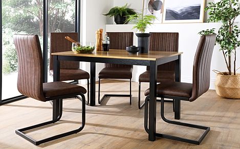 Milton Painted Black and Oak Dining Table with 6 Perth Vintage Brown Leather Chairs (Black Legs)