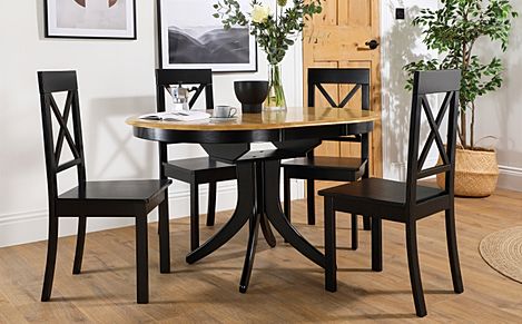 Hudson Round Painted Black and Oak Extending Dining Table with 4 Kendal Black Chairs