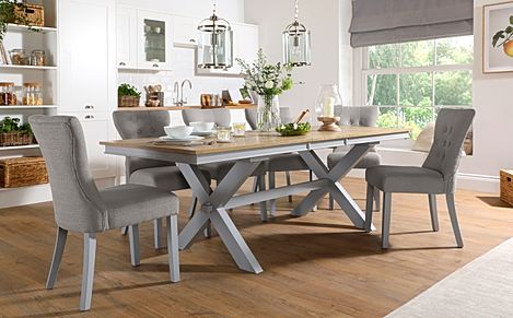 Grange Extending Dining Table & 4 Bewley Chairs, Natural Oak Veneer & Grey Solid Hardwood, Light Grey Classic Linen-Weave Fabric, 180-220cm