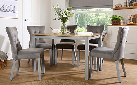 Milton Dining Table & 6 Bewley Chairs, Natural Oak Finish & Grey Solid Hardwood, Grey Classic Velvet, 120cm