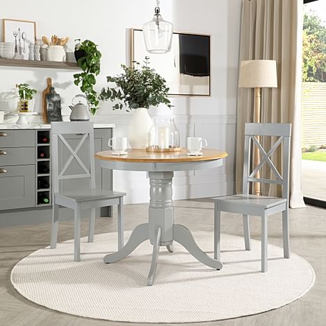 Kingston Round Dining Table & 2 Kendal Chairs, Natural Oak Finish & Grey Solid Hardwood, Grey Solid Hardwood, 90cm