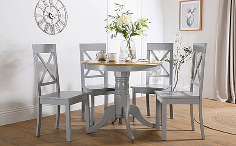 Kingston Round Dining Table & 4 Kendal Chairs, Natural Oak Finish & Grey Solid Hardwood, Grey Solid Hardwood, 90cm