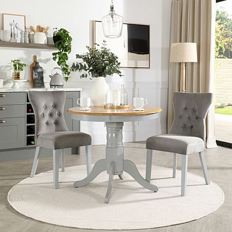 Kingston Round Dining Table & 2 Bewley Chairs, Natural Oak Finish & Grey Solid Hardwood, Grey Classic Velvet, 90cm