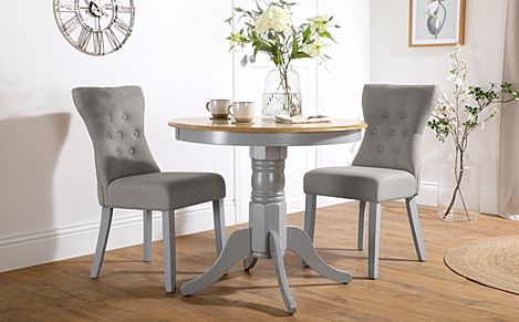 Kingston Round Painted Grey and Oak Dining Table with 2 Bewley Light Grey Fabric Chairs
