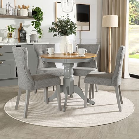 Kingston Round Dining Table & 4 Bewley Chairs, Natural Oak Finish & Grey Solid Hardwood, Light Grey Classic Linen-Weave Fabric, 90cm