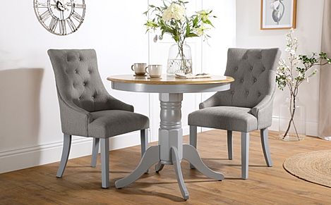 Kingston Round Dining Table & 2 Duke Chairs, Natural Oak Finish & Grey Solid Hardwood, Light Grey Classic Linen-Weave Fabric, 90cm