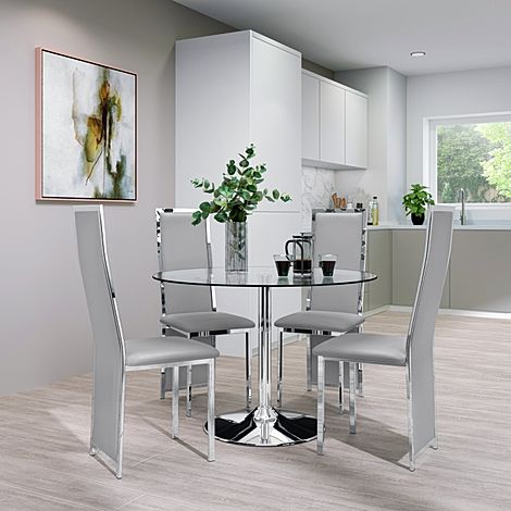 Orbit Round Dining Table & 4 Celeste Chairs, Glass & Chrome, Light Grey Classic Faux Leather, 110cm