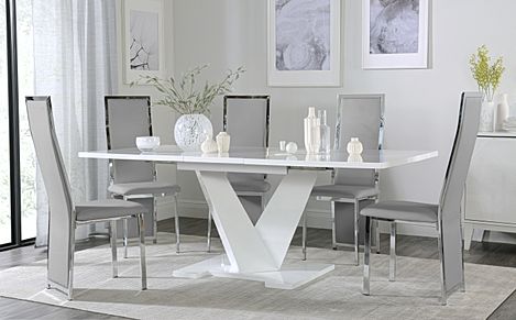 Turin White High Gloss Extending Dining Table with 8 Celeste Light Grey Leather Chairs