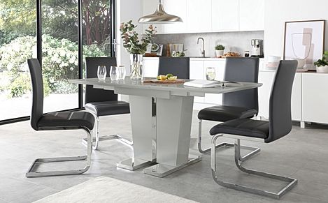 Vienna Grey High Gloss Extending Dining Table with 6 Perth Grey Leather Chairs