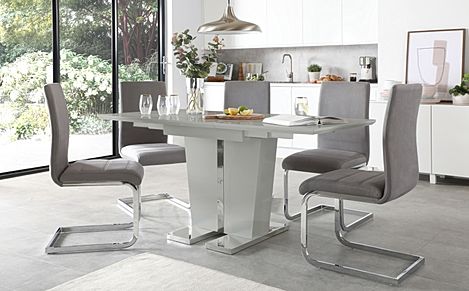 Vienna Grey High Gloss Extending Dining Table with 4 Perth Grey Velvet Chairs