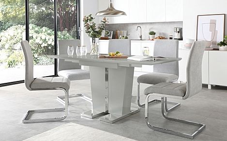 Vienna Grey High Gloss Extending Dining Table with 4 Perth Dove Grey Fabric Chairs