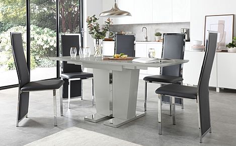 Vienna Grey High Gloss Extending Dining Table with 4 Celeste Grey Leather Chairs