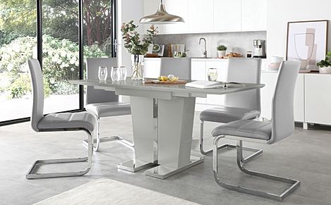 Vienna Grey High Gloss Extending Dining Table with 6 Perth Light Grey Leather Chairs