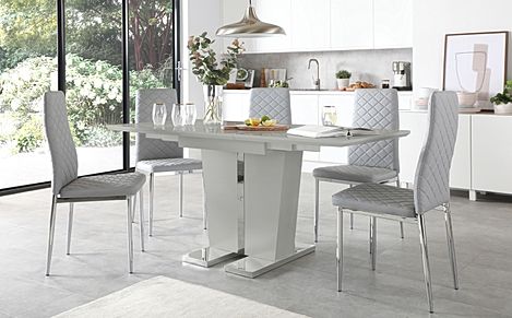 Vienna Grey High Gloss Extending Dining Table with 4 Renzo Light Grey Leather Chairs