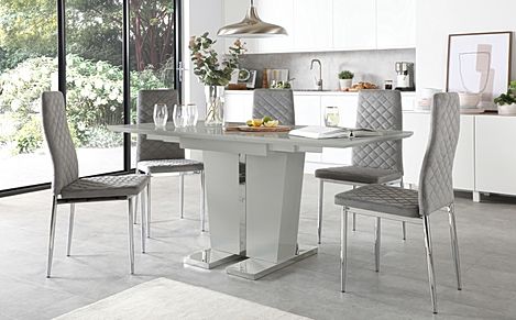 Vienna Grey High Gloss Extending Dining Table with 6 Renzo Grey Velvet Chairs