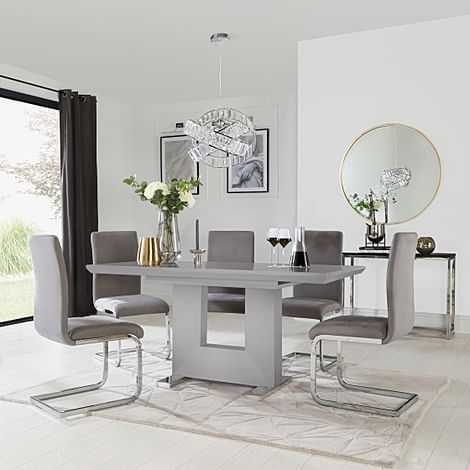 Florence Extending Dining Table & 6 Perth Chairs, Grey High Gloss, Grey Classic Velvet & Chrome, 120-160cm