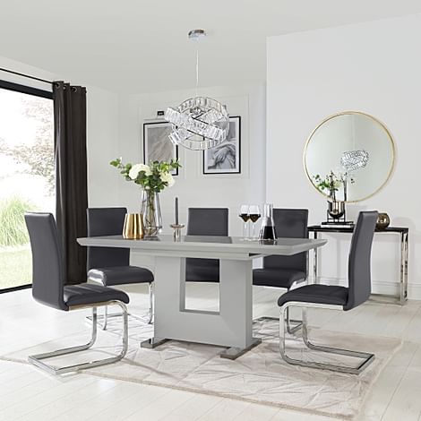 Florence Extending Dining Table & 6 Perth Chairs, Grey High Gloss, Grey Classic Faux Leather & Chrome, 120-160cm