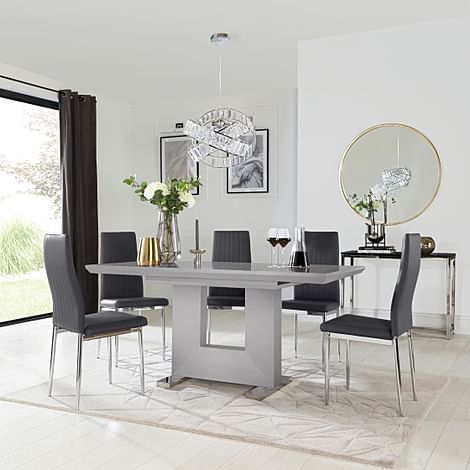 Florence Extending Dining Table & 6 Leon Chairs, Grey High Gloss, Grey Classic Faux Leather & Chrome, 120-160cm