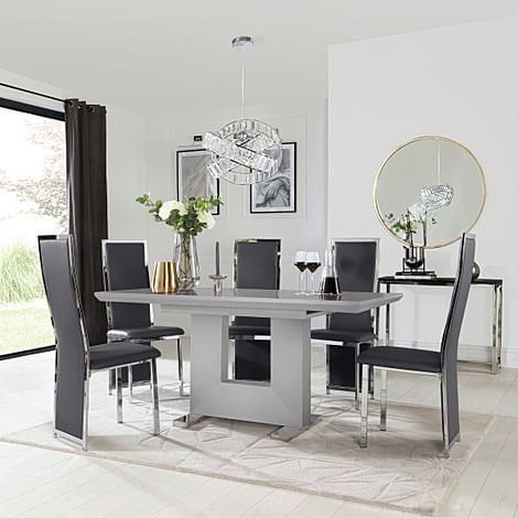 Florence Extending Dining Table & 4 Celeste Chairs, Grey High Gloss, Grey Classic Faux Leather & Chrome, 120-160cm