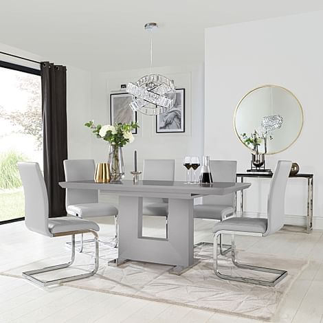 Florence Extending Dining Table & 6 Perth Chairs, Grey High Gloss, Light Grey Classic Faux Leather & Chrome, 120-160cm