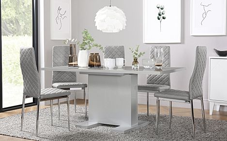 Osaka Grey High Gloss Extending Dining Table with 4 Renzo Light Grey Leather Chairs