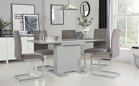 Osaka Grey High Gloss Extending Dining Table with 4 Perth Grey Velvet Chairs