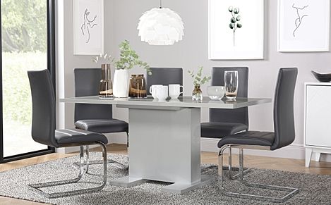 Osaka Grey High Gloss Extending Dining Table with 4 Perth Grey Leather Chairs
