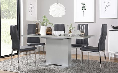 Osaka Grey High Gloss Extending Dining Table with 4 Leon Grey Leather Chairs
