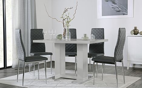 Joule Grey High Gloss Dining Table with 4 Renzo Grey Leather Chairs