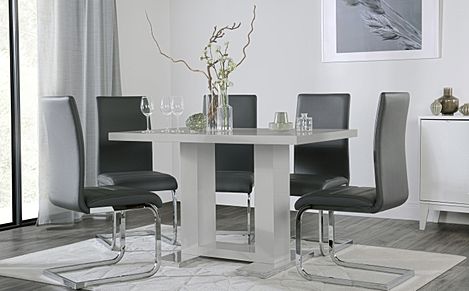 Joule Grey High Gloss Dining Table with 6 Perth Grey Leather Chairs