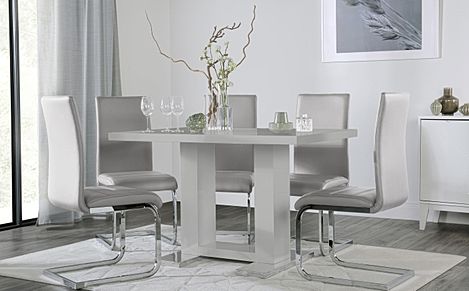 Joule Grey High Gloss Dining Table with 4 Perth Light Grey Leather Chairs