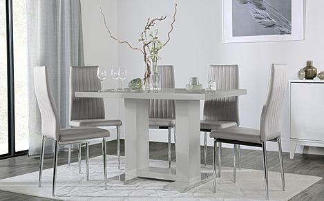 Joule Grey High Gloss Dining Table with 6 Leon Light Grey Leather Chairs
