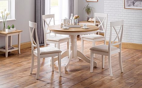 Lindale Round Ivory and Oak Dining Table with 4 Lindale Chairs (Ivory Faux Suede Seat Pad)