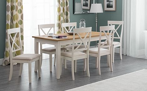 Lindale Ivory and Oak Dining Table with 6 Lindale Chairs (Ivory Faux Suede Seat Pad)