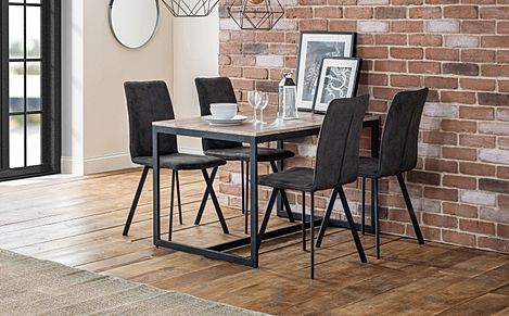 Newton Metal and Oak Industrial Dining Table with 4 Hayes Charcoal Grey Suede Chairs