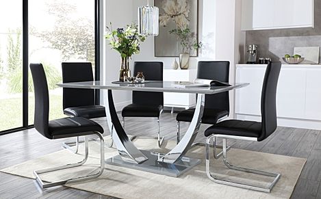 Peake Grey High Gloss and Chrome Dining Table with 6 Perth Black Leather Chairs