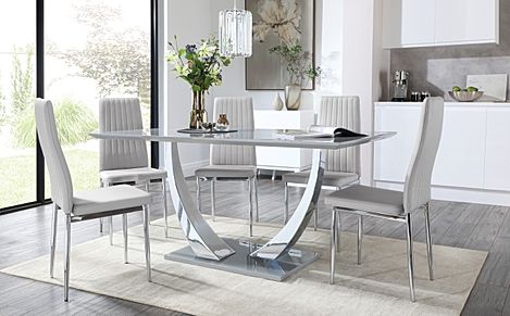 Peake Grey High Gloss and Chrome Dining Table with 4 Leon Light Grey Leather Chairs
