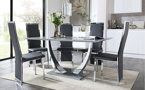 Peake Grey High Gloss and Chrome Dining Table with 4 Celeste Grey Leather and Chrome Chairs