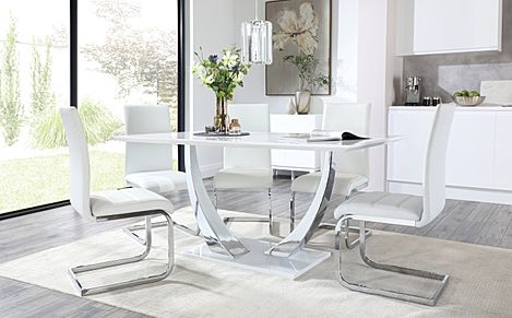 Peake White High Gloss and Chrome Dining Table with 6 Perth White Leather Chairs