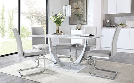 Peake White High Gloss and Chrome Dining Table with 4 Perth Light Grey Leather Chairs