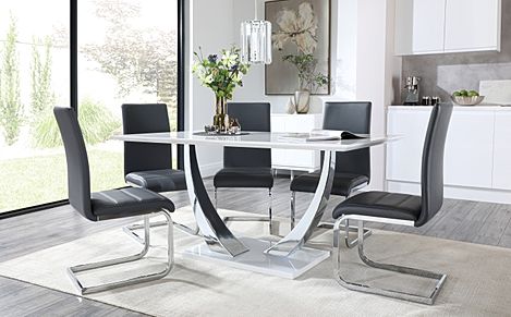 Peake White High Gloss and Chrome Dining Table with 4 Perth Grey Leather Chairs