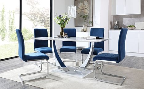 Peake White High Gloss and Chrome Dining Table with 4 Perth Blue Velvet Chairs