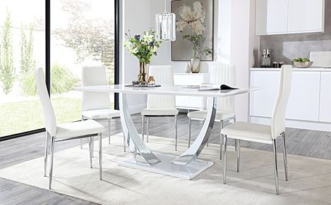 Peake White High Gloss and Chrome Dining Table with 6 Leon White Leather Chairs