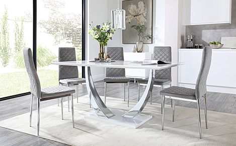 Peake White High Gloss and Chrome Dining Table with 6 Renzo Grey Velvet Chairs
