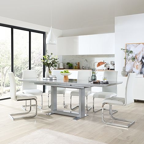 Tokyo Extending Dining Table & 8 Perth Chairs, Grey High Gloss, White Classic Faux Leather & Chrome, 160-220cm