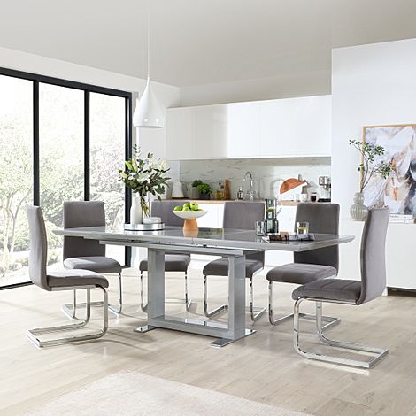 Tokyo Extending Dining Table & 6 Perth Chairs, Grey High Gloss, Grey Classic Velvet & Chrome, 160-220cm