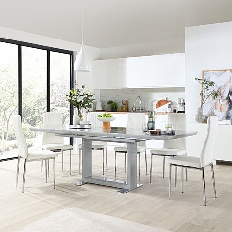 Tokyo Extending Dining Table & 6 Leon Chairs, Grey High Gloss, White Classic Faux Leather & Chrome, 160-220cm