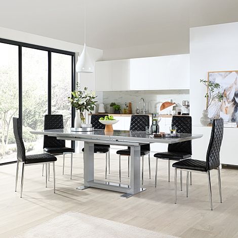 Tokyo Extending Dining Table & 6 Renzo Chairs, Grey High Gloss, Black Classic Faux Leather & Chrome, 160-220cm