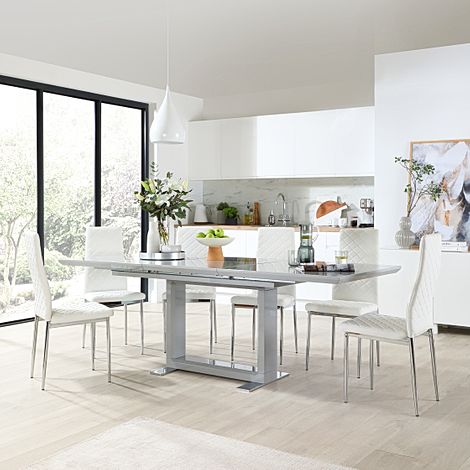 Tokyo Grey High Gloss Extending Dining Table with 4 Renzo White Leather Chairs